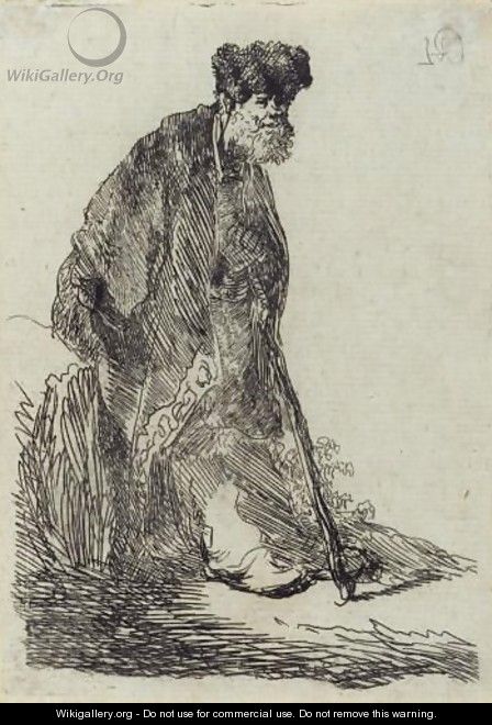 Man In A Cloak And Fur Cap Leaning Against A Bank - Rembrandt Van Rijn