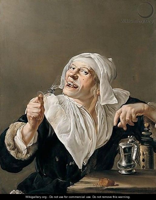 An old woman drinking from a wine glass - Petrus Staverinus