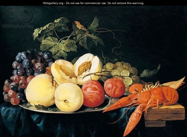 Still life of peaches, plums and black and green grapes on a silver plate - Jan Davidsz. De Heem