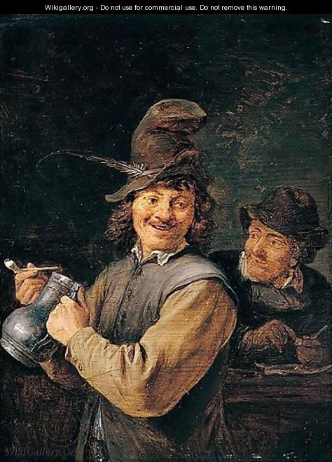 A Peasant holding a large stoneware flagon - David The Younger Teniers