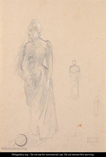 Stehende Dame Im Langen Kleid Nach Links (Standing Female Figure In A Long Dress Facing Left) - Gustav Klimt