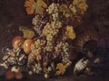 Still Life Of Grapes, Pomegranates, Mushrooms, A Basket And Game In A Landscape - Giovanni Battista Ruoppolo