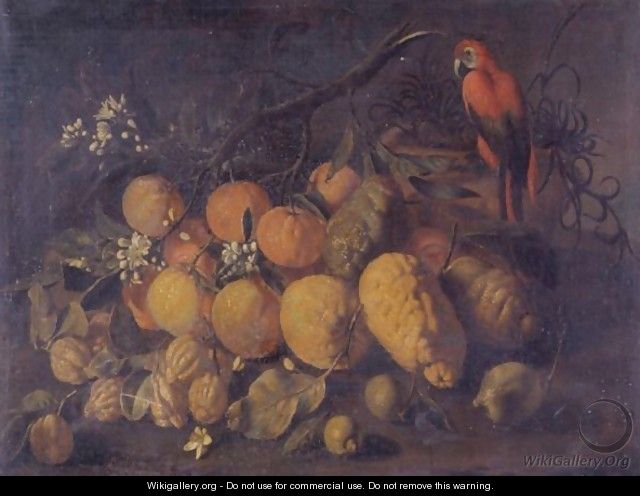 Still Life With Oranges, Lemons And A Parrot In A Landscape - Giovanni Battista Ruoppolo