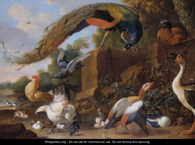 A Peacock Standing On A Plinth With Ducks, A Pheasant, A Cockerel, A Hen And Chicks In A Landscape - (after) Melchior De Hondecoeter