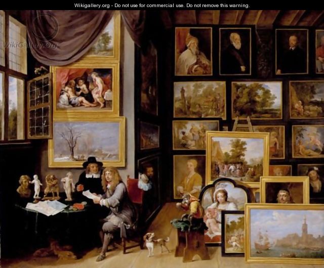 A Picture Gallery With Two Men Examining A Seal And A Red Chalk Drawing And A Monkey Present - David The Younger Teniers