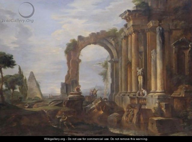 A Capriccio Of Classical Ruins With The Pyramid Of Caius Cestius, An Arch, A Ruined Temple With Ionic Columns And A Statue Of Venus, Figures Standing By A Water-Pool Nearby - Giovanni Paolo Panini