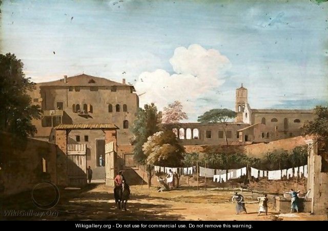 View Of An Italianate Courtyard With Women Hanging Washing By A Fountain - Marco Ricci