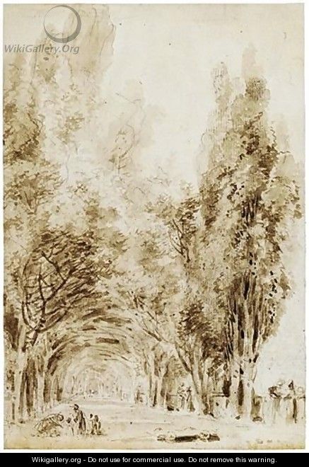 A Tree-Lined Avenue In A Park With A Family Playing In The Foreground - French Unknown Masters