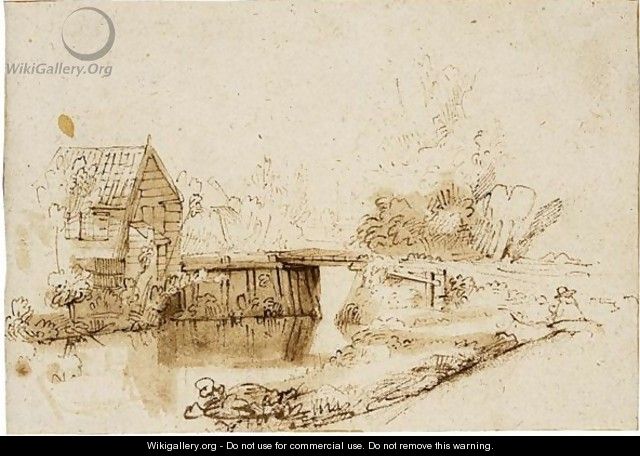 Landscape With A Draughtsman Seated By A River, A Bridge And A Cottage Behind - Nicolaes Maes