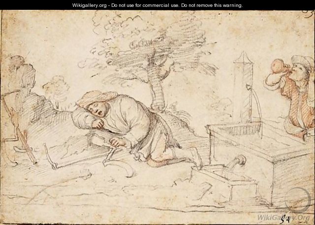Two Peasants, One Resting By A Fountain While Another Drinks From A Flask - Federico Zuccaro