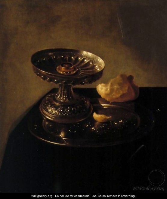 A Tazza And Bread Roll On A Pewter Plate Resting On A Draped Ledge - Jan Jansz. den Uyl