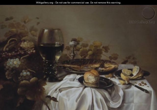 Still Life Of A Fish, Bread, A Peeled Lemon, Grapes In A Basket, A Salt And A Roemer, All On A Draped Table - Roloef Koets