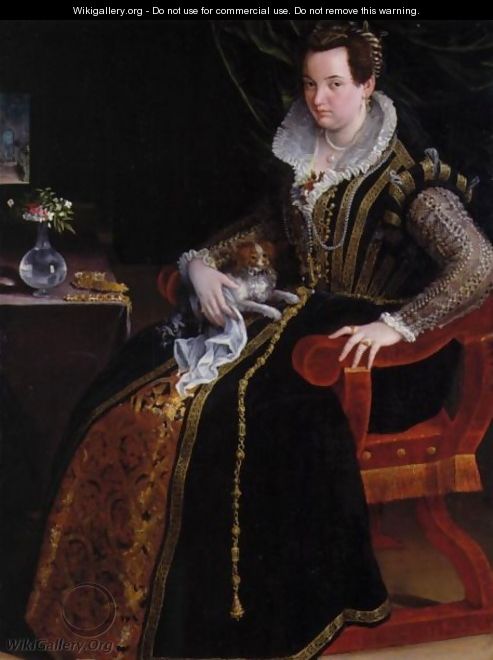 A Portrait Of Costanza Alidosi Seated And Holding A Small Dog, A Still Life Of A Vase Of Flowers And Jewelry On A Table Beside Her - Lavinia Fontana