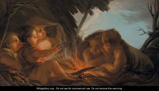 An Allegory Of Winter Putti Gathered Around An Open Fire - (after) Loo, Carle van