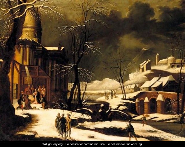 A Winter Landscape With The Nativity, The Annuciation To The Shepherds Beyond - North-Italian School