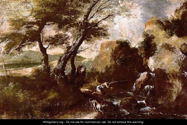 A Rocky Landscape With A Hunter And His Dog By A Waterfall - (after) Antonio Francesco Peruzzini