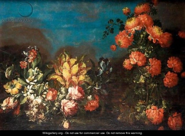 Still Life With Various Flowers In A Landscape - (after) Elisabetta Marchioni