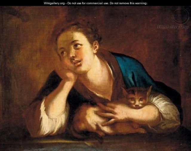 Portrait Of A Young Girl, Leaning On A Stone Ledge, With A Cat - Venetian School