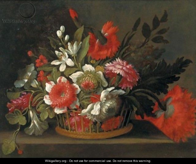 Still Life Of Flowers In A Wicker Basket Upon A Stone Ledge - (after) Bartolome Perez