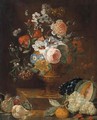 Still Life Of Flowers In A Gilt Vase, Upon A Stone Plinth, Together With Fruit - (after) Gaspar-Pieter The Younger Verbruggen