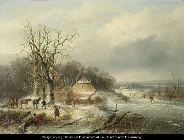 Winter Landscape With Skaters And Woodgatherers - Josephus Gerardus Hans