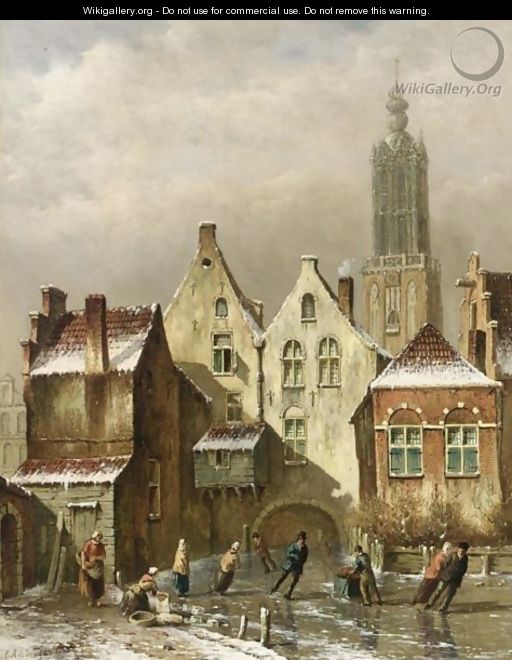 A View Of A Dutch Town With Skaters On A Frozen Canal - Oene Romkes De Jongh