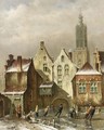 A View Of A Dutch Town With Skaters On A Frozen Canal - Oene Romkes De Jongh