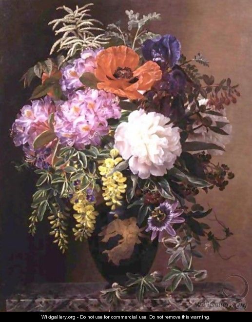 Red, Pink And White Roses And Orange, Yellow And Pink Primroses In An Etruscan Vase On A Marble Base - Johan Laurentz Jensen