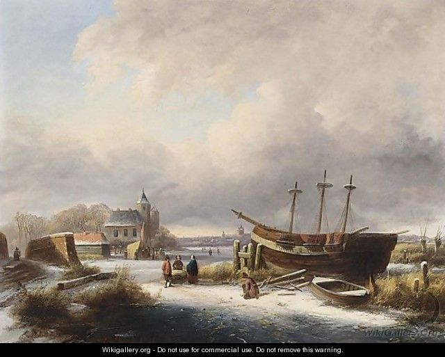 Winter Landscape With Figures By A Boat - Johannes Petrus van Velzen
