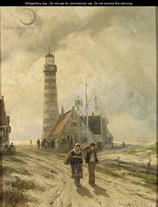 Fishermen On The Beach Near The Lighthouse, Ijmuiden - Johannes Hermann Barend Koekkoek