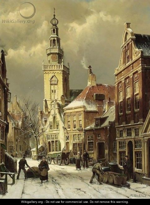 Figures In A Snowy Street, Monnickendam - Willem Koekkoek