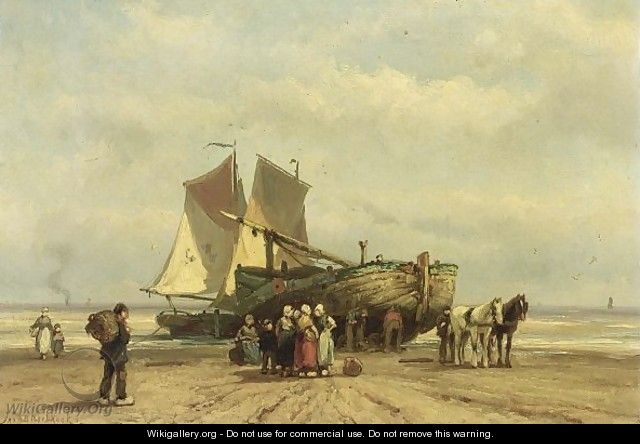 Fisherfolk By A Beached Bomschuit - Johannes Hermann Barend Koekkoek