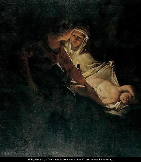 A Woman And Her Maidservant With A Sleeping Child By Candlelight - (after) Honthorst, Gerrit van