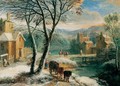 A Winter Landscape With Travellers And Waggoners Beside A River - Adriaen Frans Boudewijns