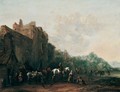 Travellers And Pack Animals Resting Before A Ruined Building, A Drover Watering His Cattle Beyond - Barend Gael or Gaal