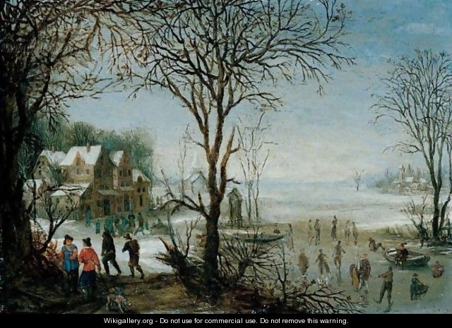 Winter Landscape With Sportsmen And Skaters Near A Village - Denys Van Alsloot