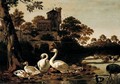 A River Landscape With Swans, Geese, Mallard, Tufted Duck And A Magpie, A Church On A Hill-Top Beyond - Dirck Wijntrack