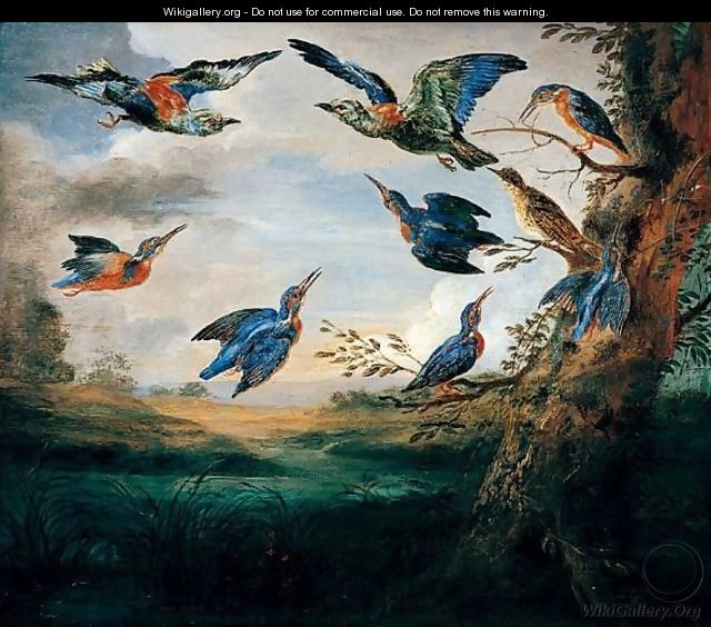 Kingfishers And Rollers In Flight In A River Landscape - (after) Jan Van Kessel I