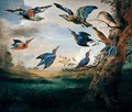 Kingfishers And Rollers In Flight In A River Landscape - (after) Jan Van Kessel I