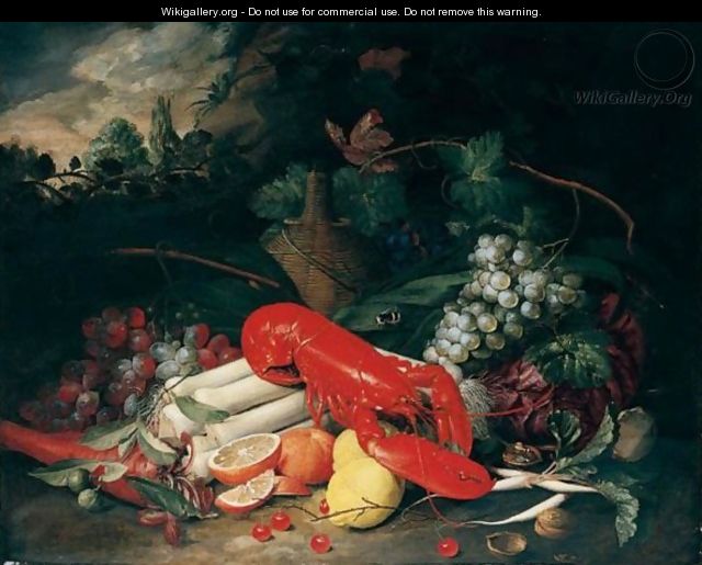 Still Life Of A Lobster, Leeks, Carrots, Radishes, Cabbage, Grapes, Oranges, Lemons, Cherries And Walnuts, Together With A Flagon Of Wine, In A Landscape Setting - Jan Pauwel Gillemans The Elder