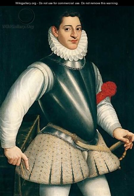 Portrait Of A Gentleman, Three-Quarter Length Standing, Wearing Armour And A Ruff, A Red Ribbon Tied To His Left Arm - (after) Giovanni Battista (Il Malosso) Trotti