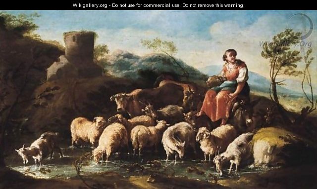 A Shepherdess With Sheep, Goats And Cattle Crossing A Stream - Domenico Brandi