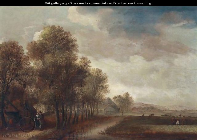 A Landscape With A Figures Walking Along An Avenue Of Trees, A Cottage Nearby - (after) Willem Gillisz. Kool
