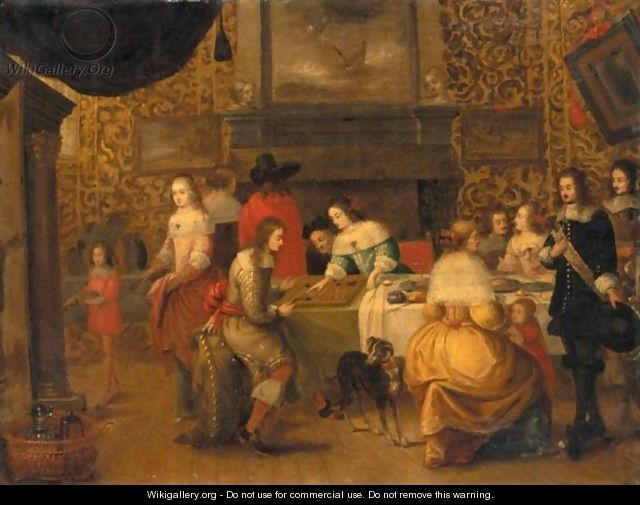 Interior With An Elegant Company Playing Backgammon - (after) Hieronymous Janssens