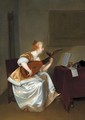 A Woman Playing A Lute - (after) Gerard Ter Borch