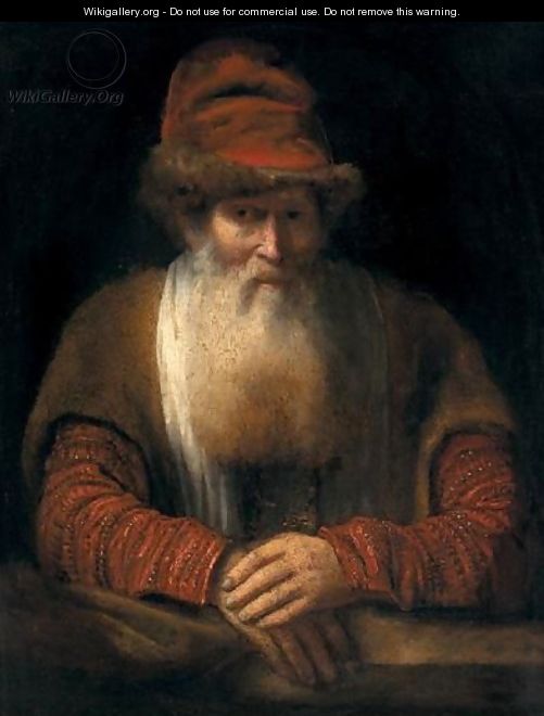 Portrait Of An Old Bearded Man, Half-Length, Wearing A Red Hat And A Brown Coat, Resting On A Ledge - (after) Aert De Gelder