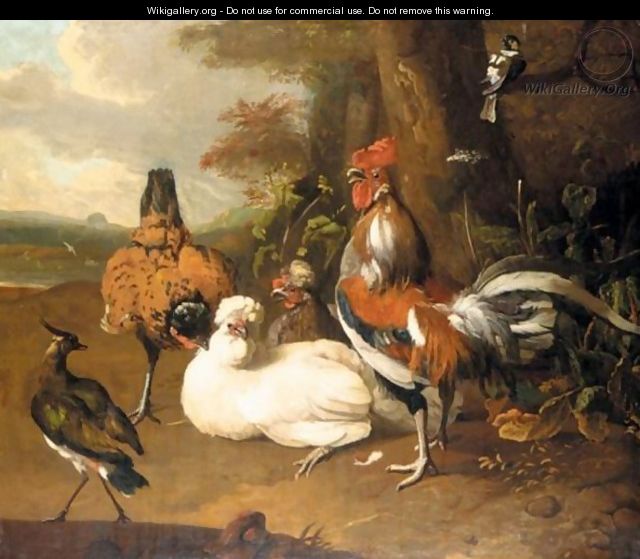 Still Life Of Chickens, A Cockerel, And Other Fowl In A Landscape - (after) Melchior De Hondecoeter