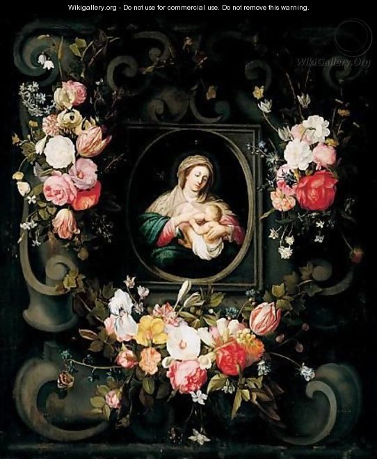 Swags Of Flowers Decorating A Stone Cartouche With The Virgin And Child - (after) Daniel Seghers