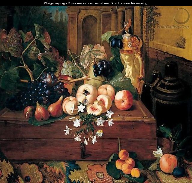 Still Life Of Peaches, Grapes, A Pear And A German Ivory Tankard Upon A Wooden Box, Together With Apples And Apricots Upon A Carpet - Pieter Snyers