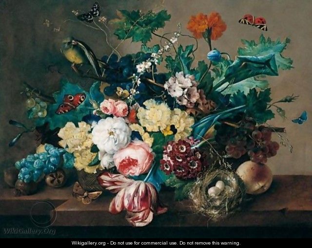 Still Life Of Roses, Tulips, Popies, Morning Glory And Hollyhocks In A Wicker Basket, With Grapes, Medlars, A Peach And A Bird